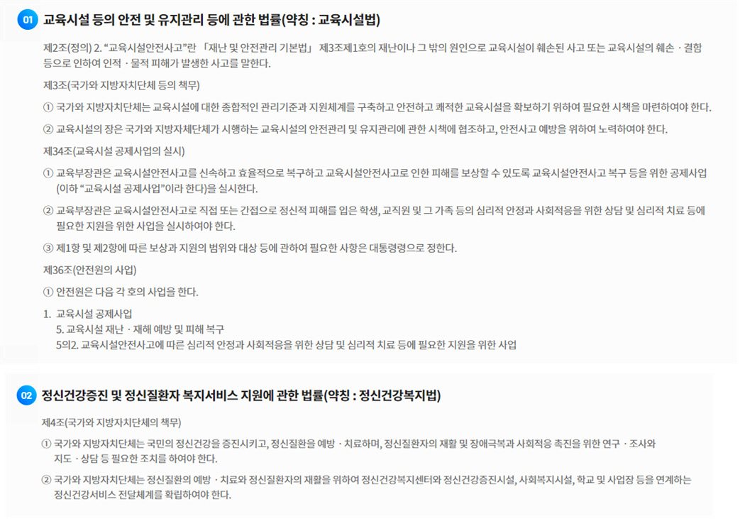 교육시설 등의 안전 및 유지관리 등에 관한 법률(약칭 : 교육시설법) / 제2조(정의) 2. '교육시설안전사고'란 「재난 및 안전관리 기본법」 제3조제1호의 재난이나 그 밖의 원인으로 교육시설이 훼손된 사고 또는 교육시설의 훼손·결함 등으로 인하여 인적·물적 피해가 발생한 사고를 말한다. / 제3조(국가와 지방자치단체 등의 책무) - 1 국가와 지방자치단체는 교육시설에 대한 종합적인 관리기준과 지원체계를 구축하고 안전하고 쾌적한 교육시설을 확보하기 위하여 필요한 시책을 마련하여야 한다., 2 교육시설의 장은 국가와 지방자체단체가 시행하는 교육시설의 안전관리 및 유지관리에 관한 시책에 협조하고, 안전사고 예방을 위하여 노력하여야 한다. 제34조(교육시설 공제사업의 실시) - 1 교육부장관은 교육시설안전사고를 신속하고 효율적으로 복구하고 교육시설안전사고로 인한 피해를 보상할 수 있도록 교육시설안전사고 복구 등을 위한 공제사업 (이하 '교육시설 공제사업'이라 한다)을 실시한다. 교육부장관은 교육시설안전사고로 직접 또는 간접으로 정신적 피해를 입은 학생, 교직원 및 그 가족 등의 심리적 안정과 사회적응을 위한 상담 및 심리적 치료 등에 필요한 지원을 위한 사업을 실시하여야 한다. 3 제1항 및 제2항에 따른 보상과 지원의 범위와 대상 등에 관하여 필요한 사항은 대통령령으로 정한다. / 제36조(안전원의 사업) - 1 안전원은 다음 각 호의 사업을 한다. 1. 교육시설 공제사업 5. 교육시설재난·재해 예방 및 피해 복구, 5의2. 교육시설안전사고에 따른 심리적 안정과 사회적응을 위한 상담 및 심리적 치료 등에 필요한 지원을 위한 사업 / 2) 정신건강증진 및 정신질환자 복지서비스 지원에 관한 법률(약칭: 정신건강복지법) / 제4조(국가와 지방자치단체의 책무) - 1 국가와 지방자치단체는 국민의 정신건강을 증진시키고, 정신질환을 예방·치료하며, 정신질환자의 재활 및 장애극복과 사회적응 촉진을 위한 연구. 조사와 지도상담 등 필요한 조치를 하여야 한다. 2 국가와 지방자치단체는 정신질환의 예방·치료와 정신질환자의 재활을 위하여 정신건강복지센터와 정신건강증진시설, 사회복지시설, 학교 및 사업장 등을 연계하는 정신건강서비스 전달체계를 확립하여야 한다.